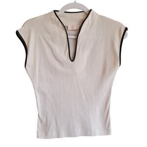 Vintage 70s Members Only Ivory Cap Sleeve Top Brown Contrast Trim Tennis Core
